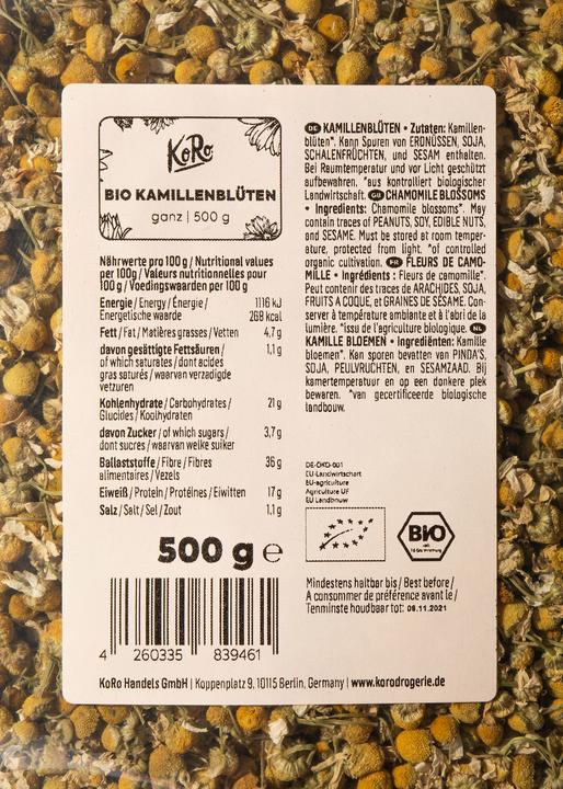 Nährwerte und Zutaten KoRo Bio Kamillenblueten (500 g)
