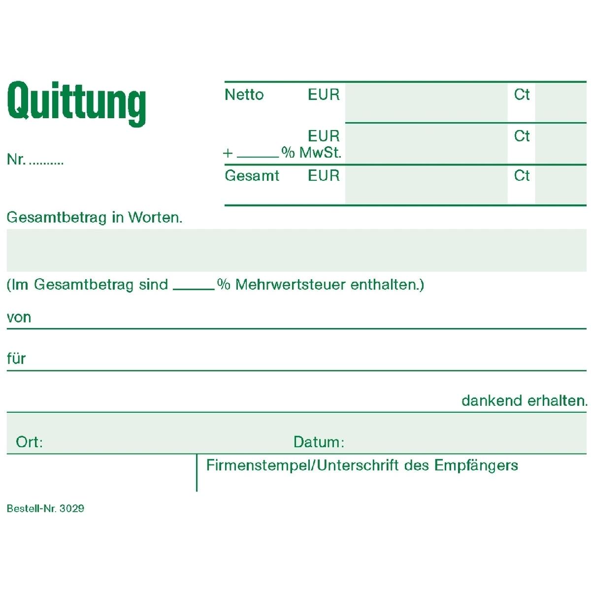 Thumbnail - Rnk, Formular, Verlag Quittung mit MwSt. separat ausgewiesen, mit fortlaufenden Nummern Formularbuch 3029 (50 x)