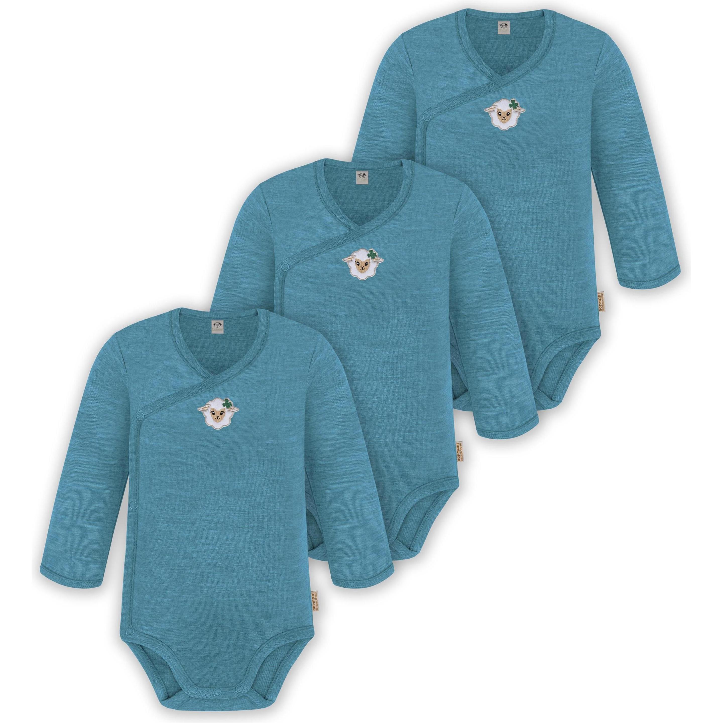 Normani, Herren, Body, 3er Pack Multipack Baby-Body Merino Wickelbody Langarmbody mit Knöpfen - 9345, Blau, (56)