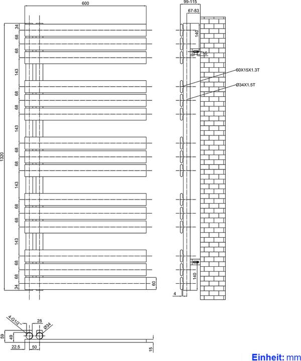 Produktbild Emke Badheizkörper Handtuchhalter Handtuchwärmer 130x60cm Weiss 789w (789 W)