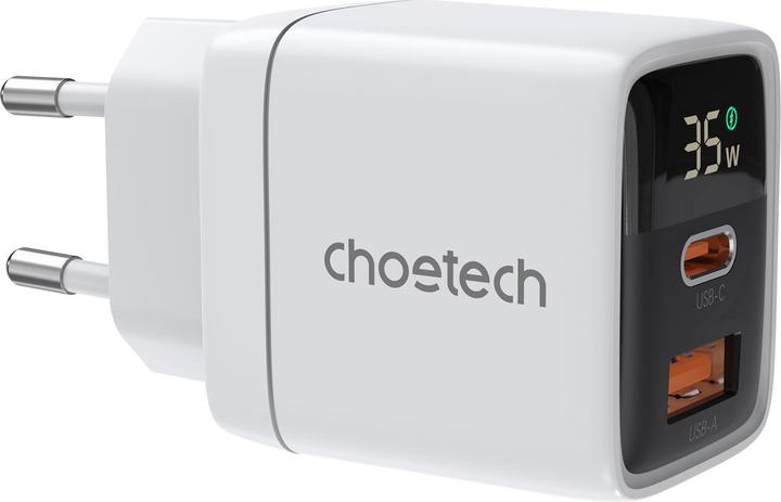 Produktbild Choetech PD6052 USB-C USB-A PD 35W GaN Wandladegerät mit Display – Weiss (35 W, 2 Ports)