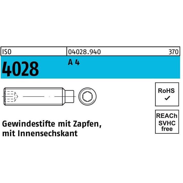 Schrauben, Gewindestift ISO 4028 Zapfen/Innensechskant M 16 x 30 A 4 (10 Schrauben pro Stück)