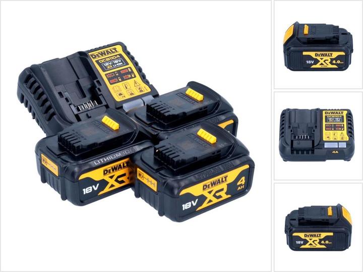 3x DeWalt DCB 182 18 V 4.0 Ah battery, 1x DeWalt DCB 1104 quick charger