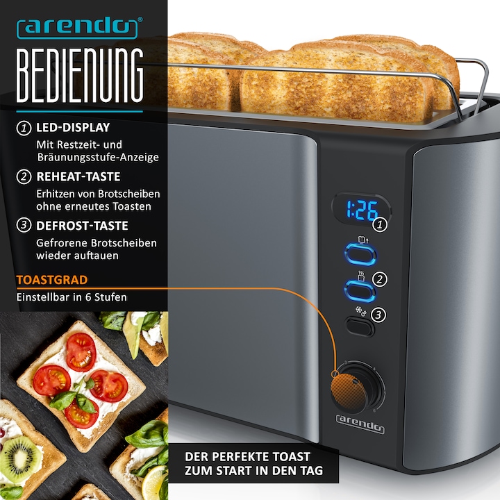 Produktbild Arendo Frühstücks Set, Edelstahl Wasserkocher 1,5l Temperaturwahl & 4 Scheiben Langschlitz Toaster, Grau