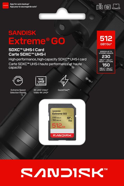 Immagine prodotto SANDISK Extreme SD UHS-I 512GB 230MB/s/150MB/s (512 GB, SDXC, U3, UHS-I)