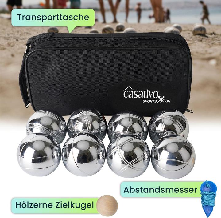 Produktbild Casativo Boule- & PÃ©tanque-Spiel mit 8 Metallkugeln, Holzkugel, Abstandsmesser, Tragetasche (8x, 72 mm)