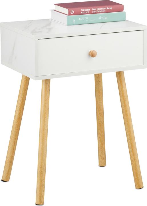 Relaxdays Nachttisch Marmoroptik & Holzbeine (55 x 40 x 32 cm)