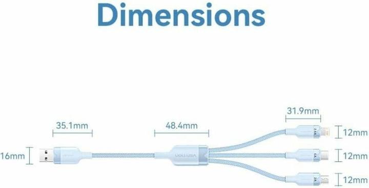 Actual product image Vention USB 2.0 A to 3in1 3A cable CTPWG 1.5M (white) (1.50 m, USB 2.0, 60 W)