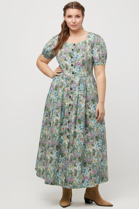 Produktbild Ulla Popken Midikleid, Blüten, Leinenmix, Rundhals, Puff-Halbarm (48)