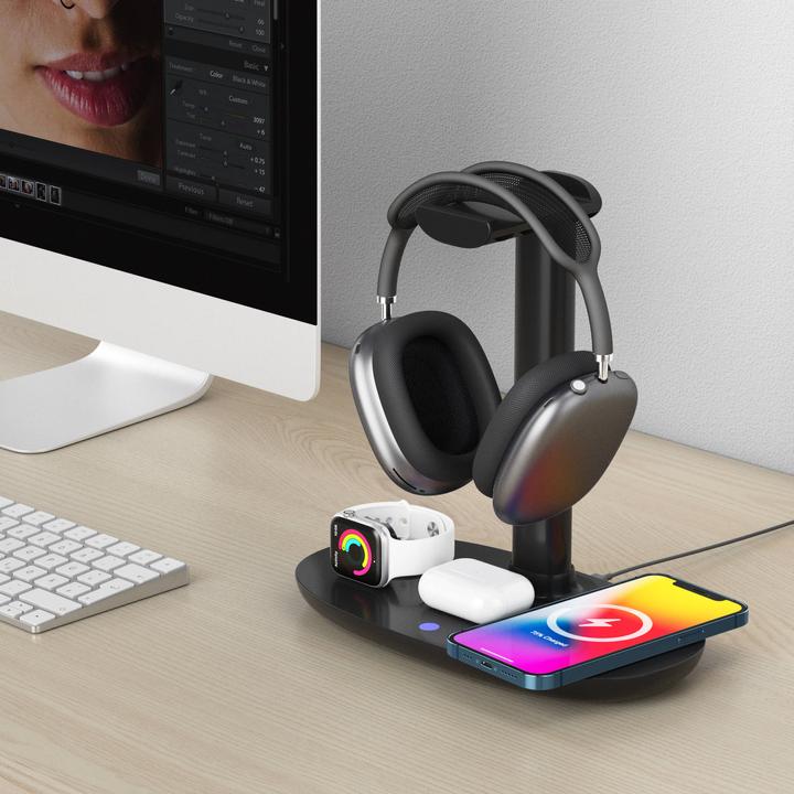 Produktbild PhoneLook 4 in 1 moderne 30W Ladestation wireless mit Kopfhörerhalterung für AirPods Max, iPhone, AppleWatch (30 W)