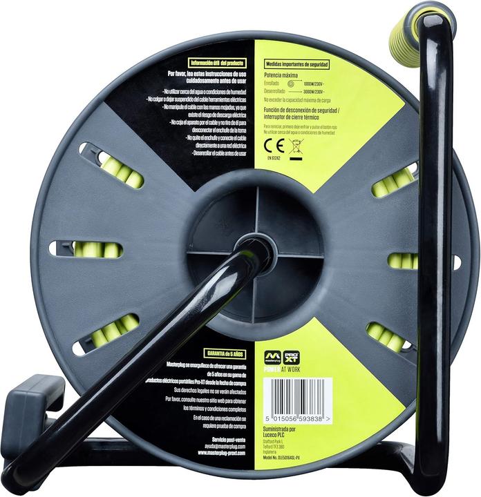 Actual product image Masterplug Pro-XT Cable Reel, 50 m, Extension 4 Schuko, Extension Cable, 3000 W, Grey/Green (50 m, 1.50 mm²)