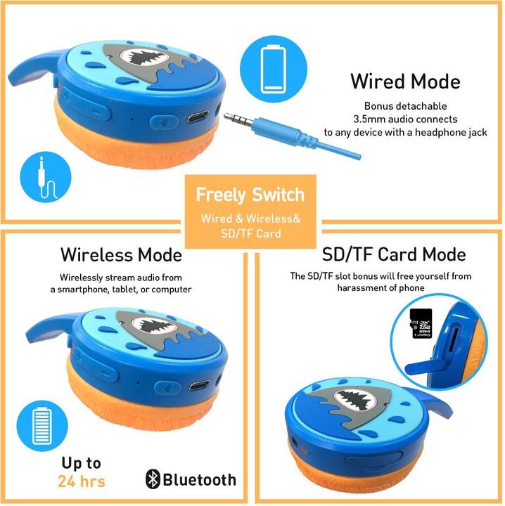 Actual product image PhoneLook Cool wireless Bluetooth 5.3 headphones for kids with 85dB muted volume and fun design