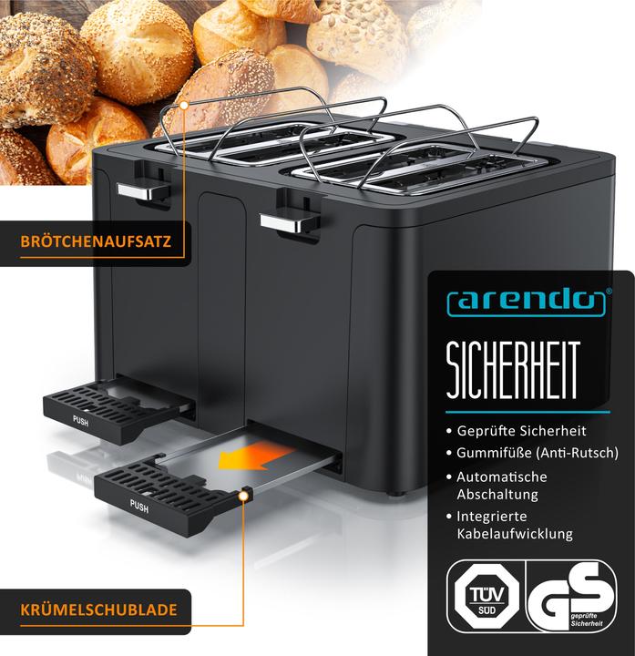 Produktbild Arendo Toaster 4 Scheiben Kurzschlitz, Wärmeisolierendes Doppelwandgehäuse, Automatik, Edelstahl, 1750 W