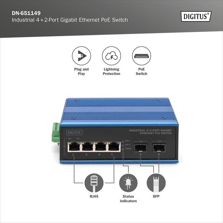 Productafbeelding Digitus Industriële 4+2-poorts Gigabit Ethernet PoE schakelaar (4 ports)
