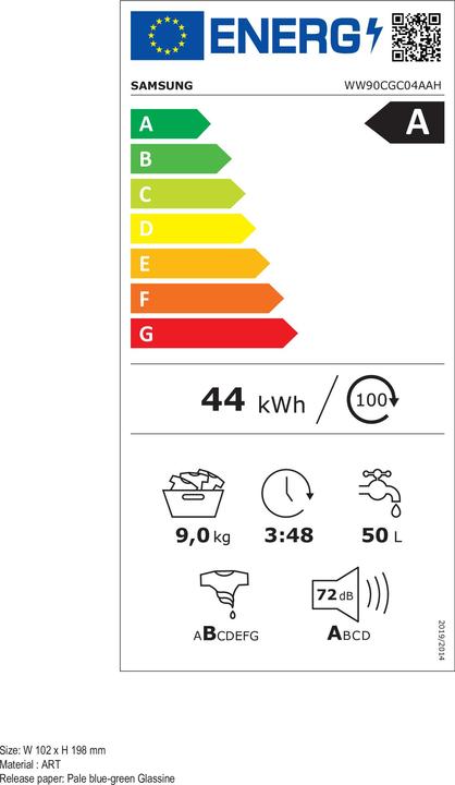 Energie-Label Samsung WW90CGC04AAHEN - Ecobubble - 5000 serie - Wasmachine - 10% zuiniger dan energielabel A (9 kg, Links)