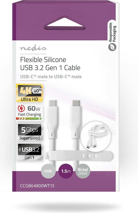 Produktbild Nedis USB-Kabel | USB 3.2 Gen 1 | USB-C™ Stecker | USB-C™ Stecker | 60 W | 4K@60Hz | 5 Gbps | Vernic (1.50 m, USB 3.2 Gen 1)