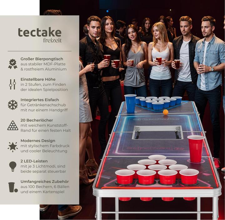 Image du produit tectake Table de beer pong BEERWARS II avec compartiment à glace et éclairage LED
