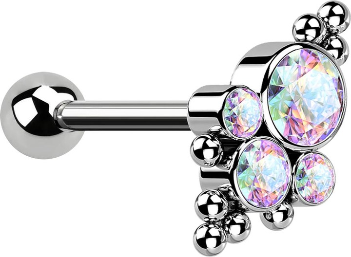 Produktbild Star Piercing Micro Barbell Innengewinde silber mit Kugel und Kugeln vier Kristalle multicolor (Titan G23, ohne Messing)