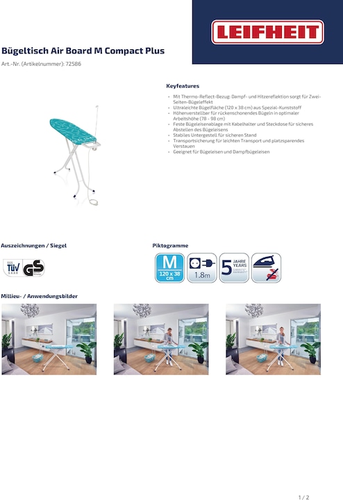 Image du produit Leifheit Table à repasser 'AirBoard M Compact Plus (120 x 38 cm)