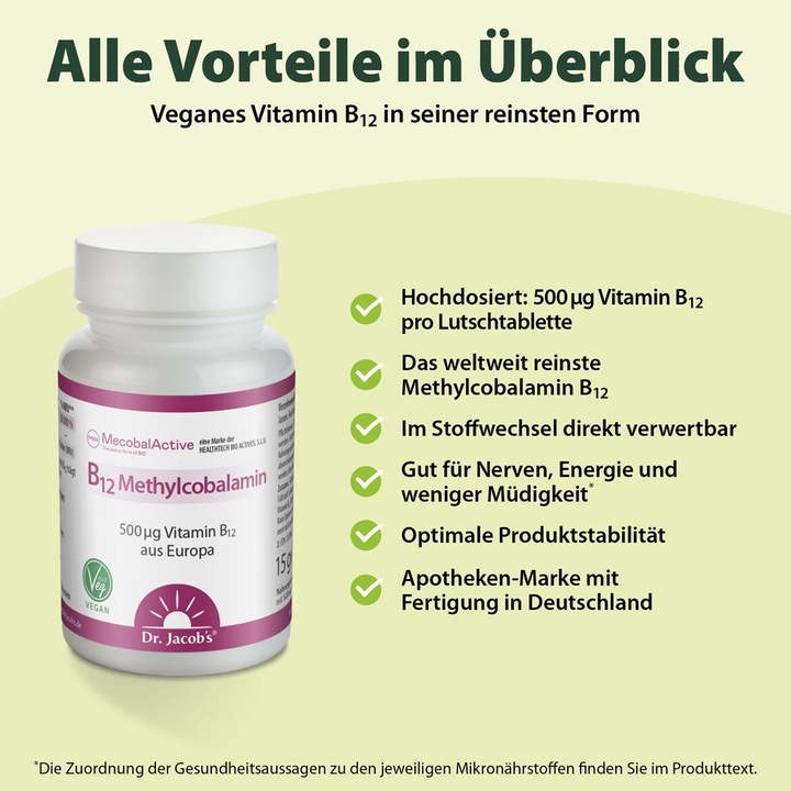 Nutritional values and ingredients Dr. Jacob's B12 Methylcobalamin Tablette (60 Piece, Pills, 35 g)