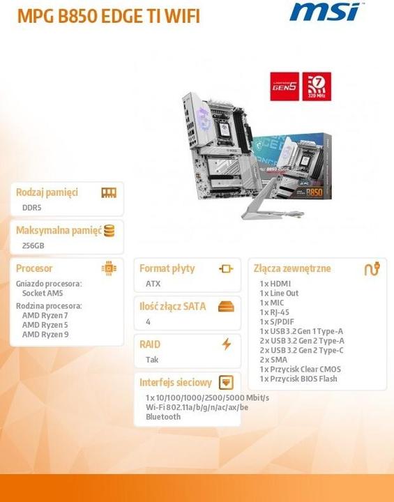 Actual product image MSI MPG B850 EDGE TI WIFI (AM5, AMD B850, ATX)
