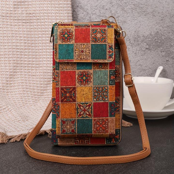 Actual product image Only-Bags.Store Bohemian Floral Pattern Wallet, Retro Vegan Leather Coin Purse, Crossbody Mobile Phone Bag