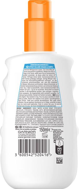 Actual product image Garnier Sensitive Advanced (Sun spray, SPF 50+, 150 ml, 184 g)