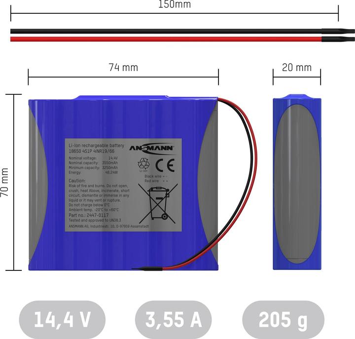 Actual product image Ansmann 4S1P battery pack 4x 18650 cable Li-Ion 14.4 V 3350 mAh (3350 mAh)