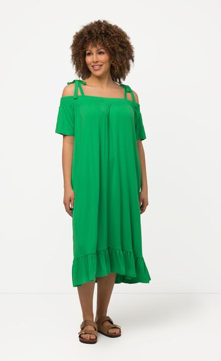 Actual product image Ulla Popken Shoulder Tie Carmen Style Ruffle Hem Stretch Knit Dress (50, 52)