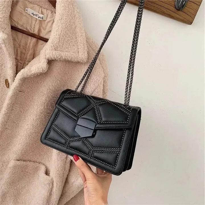 Actual product image Only-Bags.Store Vintage Studded Chain Small Shoulder Bags Flap PU Leather Fashion Small Square Crossbody Bag