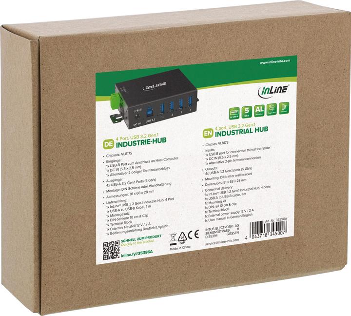 Produktbild InLine ® USB 3.2 Gen.1 Industrie-Hub, 4 Port, Aluminiumgehäuse, mit Netzteil (USB-C, 4 Ports)