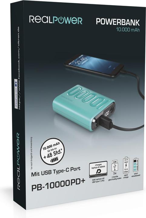 Image du produit RealPower Banque d'énergie PB-10000 PD Nutopia (10000 mAh, 18 W, 37 Wh)