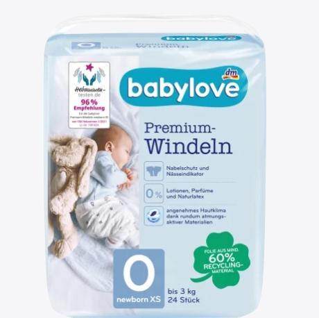Produktbild dm babylove Premium-Windeln (Gr. 0, Tragepack, 24 Stück)