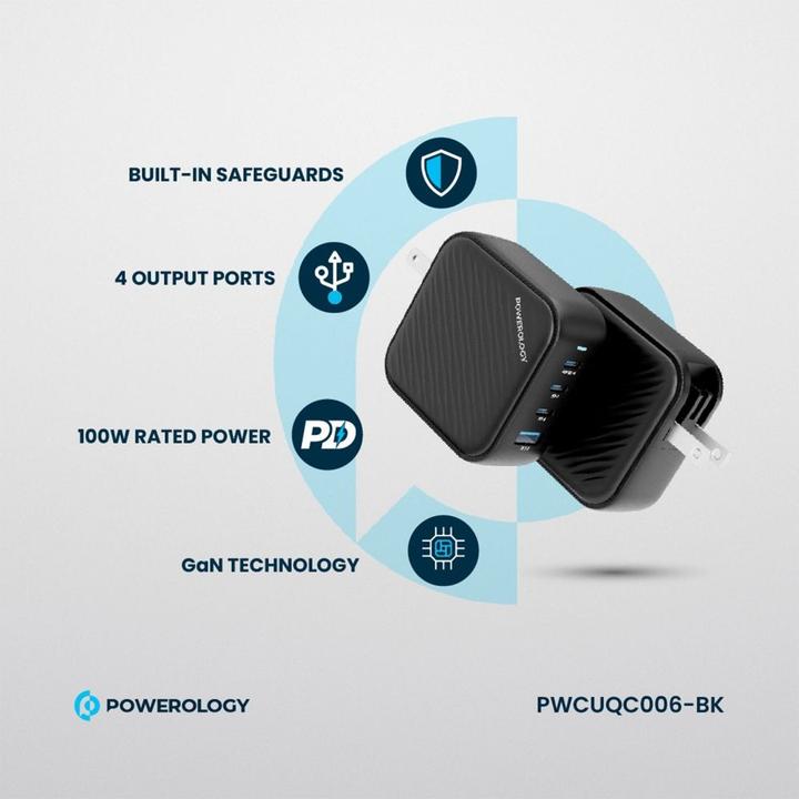Produktbild Powerology 3 Port PD + 1 QC3.0 GaN Wall Charger 100W (100 W, 3 Ports)