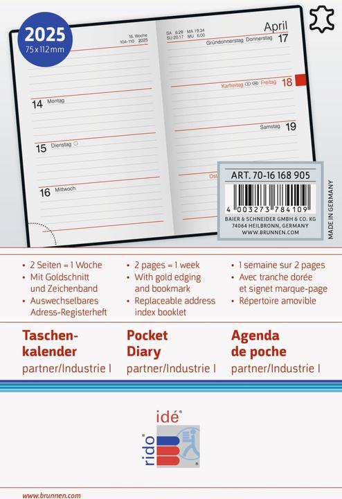 Nährwerte und Zutaten rido/idé 7016168905 Taschenkalender Modell partner/Industrie I (2025)| 2 Seiten = 1 Woche| A7| (Deutsch)