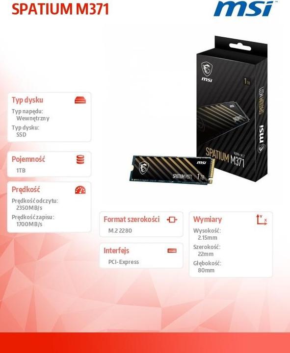 Actual product image MSI M371 NVMe M.2 (1000 GB, M.2 2280)