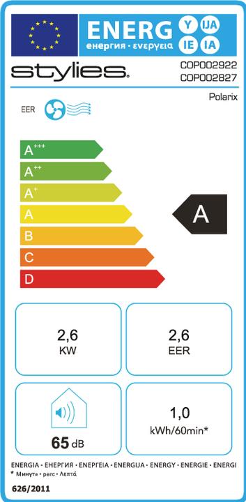 Energie-Label Stylies Klimagerät Polarix (22 m², 9000 BTU/h)