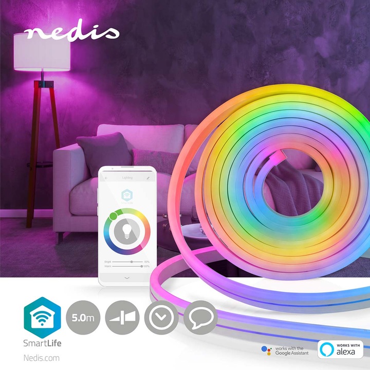 Actual product image Nedis WIFILN51CRGB Smart Full Color LED pásek Wi-Fi | Více barev | 5000 mm | IP65 | 960 lm, F (Multicoloured, 500 cm, Indoor, Outdoor)