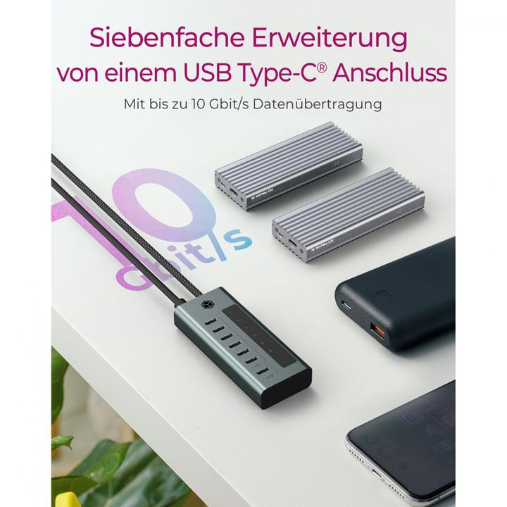 Produktbild Icy Box USB-C Hub mit 20W Ladeanschluss und integriertem Display, IB-HUB1457-C31 (USB-C, 7 Ports)