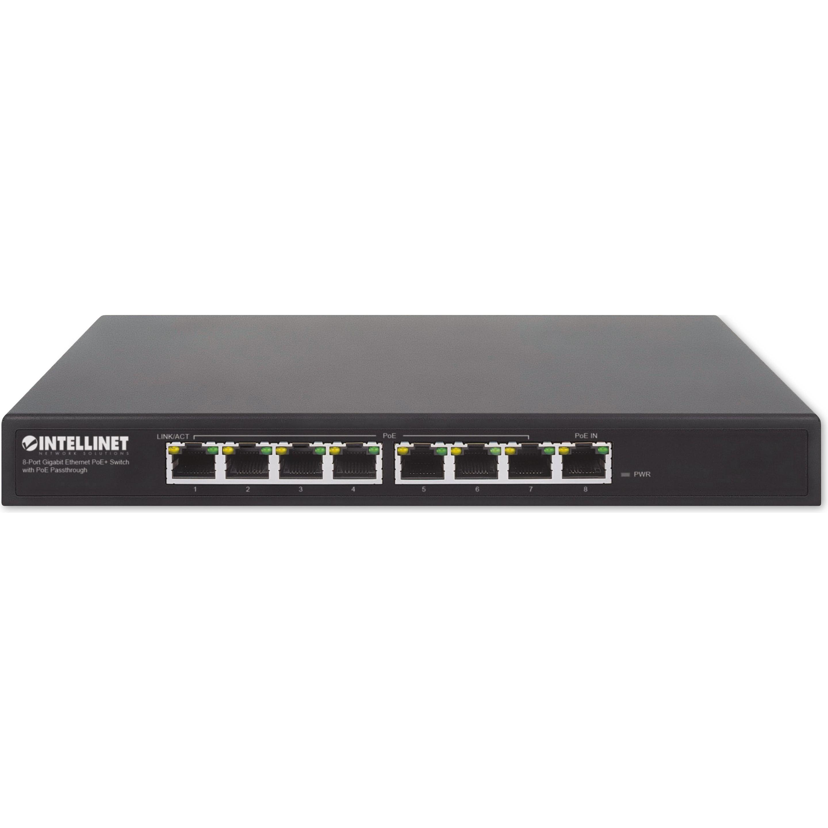 Thumbnail - Intellinet 8-Port PoE+ Gigabit Switch mit PoE-Passthrough (8 Ports), Netzwerk Switch, Schwarz