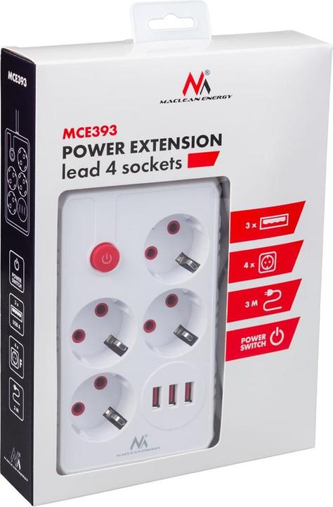 Produktbild Maclean Steckdosenleiste, Verlängerungskabel mit 4 Steckdosen + 3 USB-Anschlüssen (4x, USB-A, 3 m)