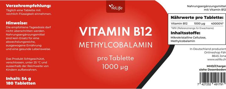 Nutritional values and ingredients VeLife Vitamin B12 Tabl (180 Piece, Pills, 81 g)
