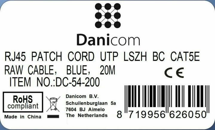 Produktbild Dsit CAT5e Netzwerkkabel, U/UTP, 20 meter, Blau, 100% Kupfer (UTP, CAT5e, 20 m)