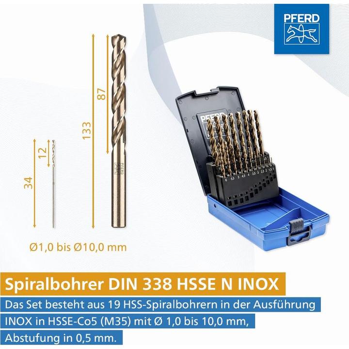 Produktbild Pferd Metall Spiralbohrer Set 19teilig 1 St. (1 mm, 1.5 mm, 2.5 mm, 3 mm, 3.5 mm, 4 mm, 4.5 mm, 5 mm, 6 mm, 6.5 mm, 7 mm, 7.5 mm, 8 mm, 8.5 mm, 9.5 mm)