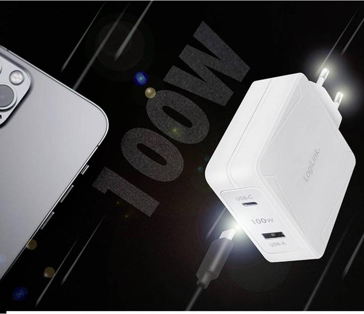 Productafbeelding LogiLink USB-contactdoosadapter, 1x USB-C (PD) & 1x USB-A, GaN, 100 W (100 W, 2 ports)