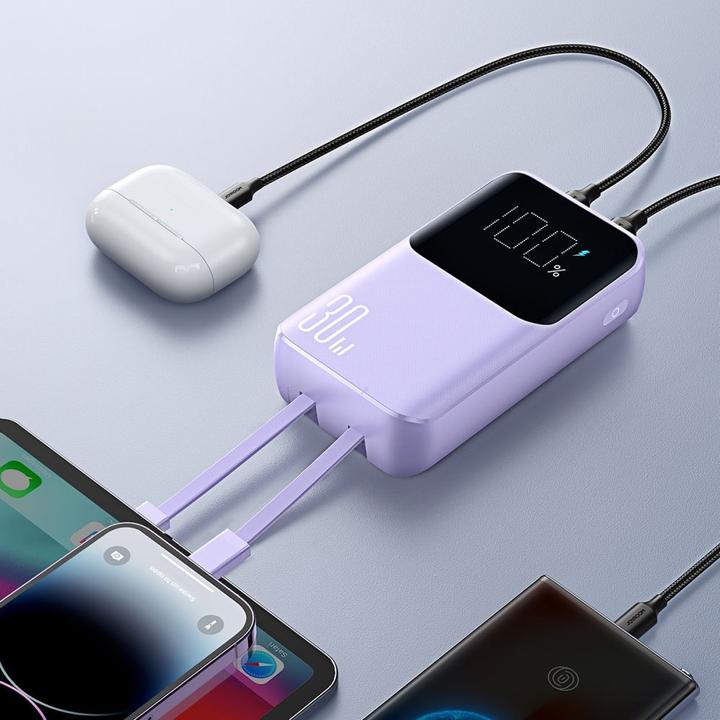 Actual product image Joyroom 30W 20000mAh mini Power Bank with built-in Cables, USB-A & USB-C - Purple (10000 mAh, 30 W, 37 Wh)