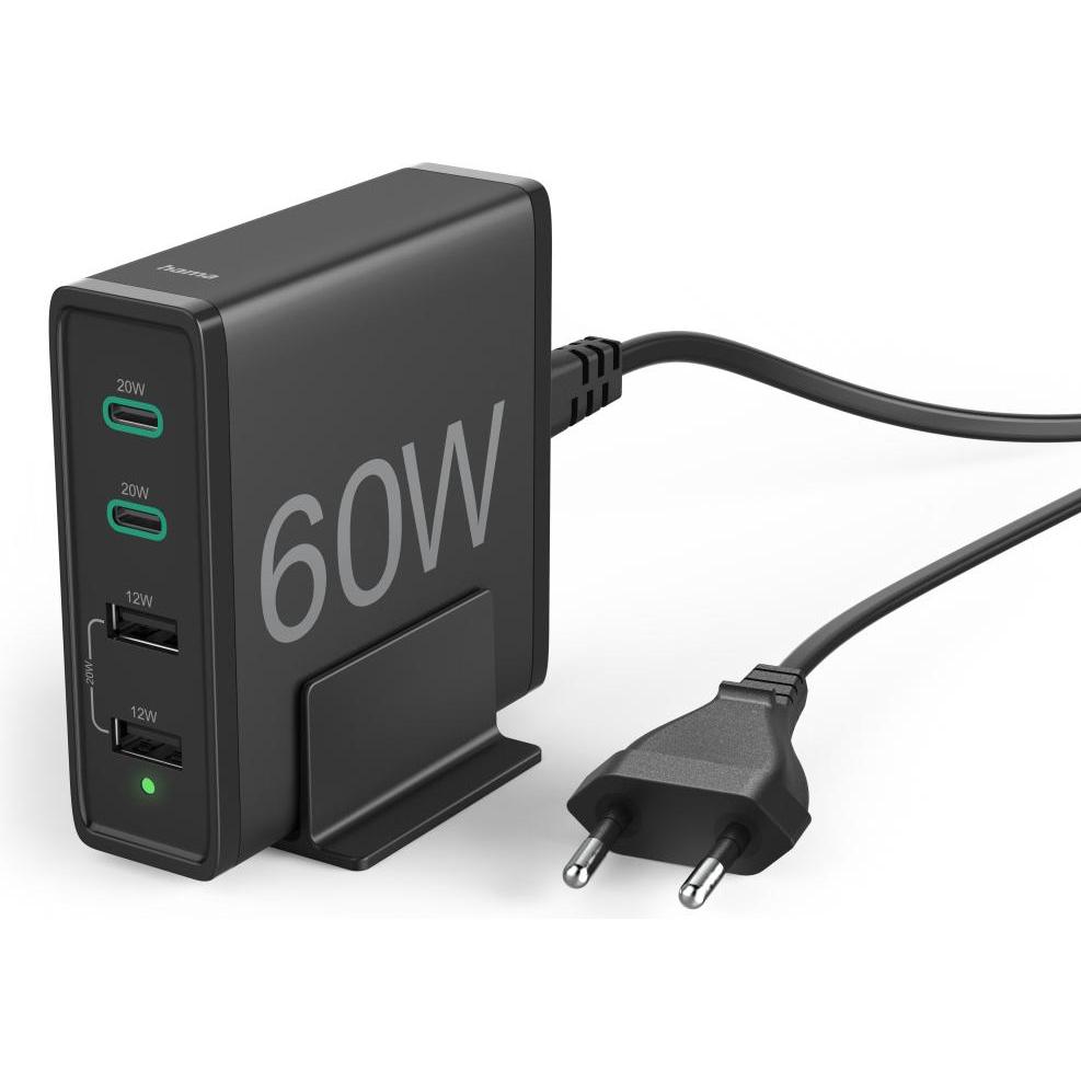 Hama Schnellladegerät 4 Ports (60 W), USB Ladegerät, Schwarz