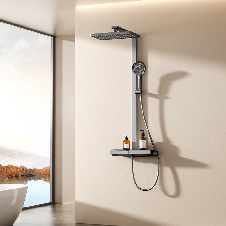 Emke Duschsäule inkl. Thermostat Duschsystem Regendusche 36 cm Handbrause mit 4 Strahlarten Anthrazit
