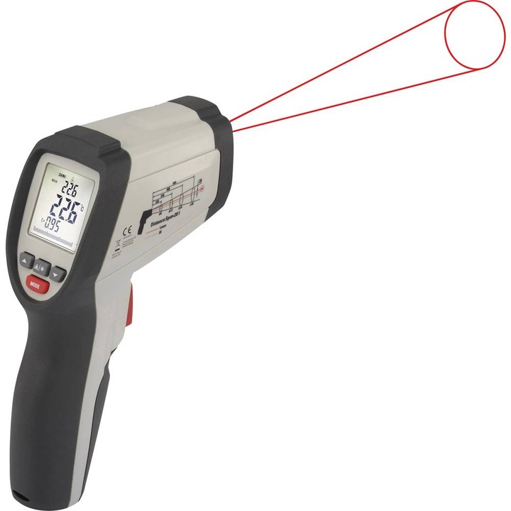 Aufbewahrungstasche, Bedienungsanleitung, IR-Thermometer, Sonde Typ K., 9V-Blockbatterie