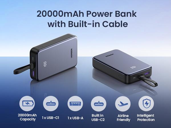 Image du produit Ugreen Power Bank 20000mAh 22.5W with Integrated USB-C Cable Banque d'alimentation - 20000 mAh (20000 mAh, 22.50 W)